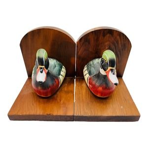 Vintage Mallard Duck Bookends On Wood Bases A Pair 5 x 4 x 5 inches
